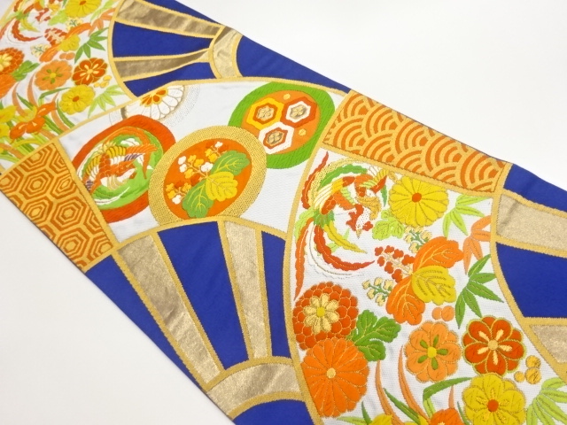 丸文に鳳凰・草花・古典柄模様織出し袋帯